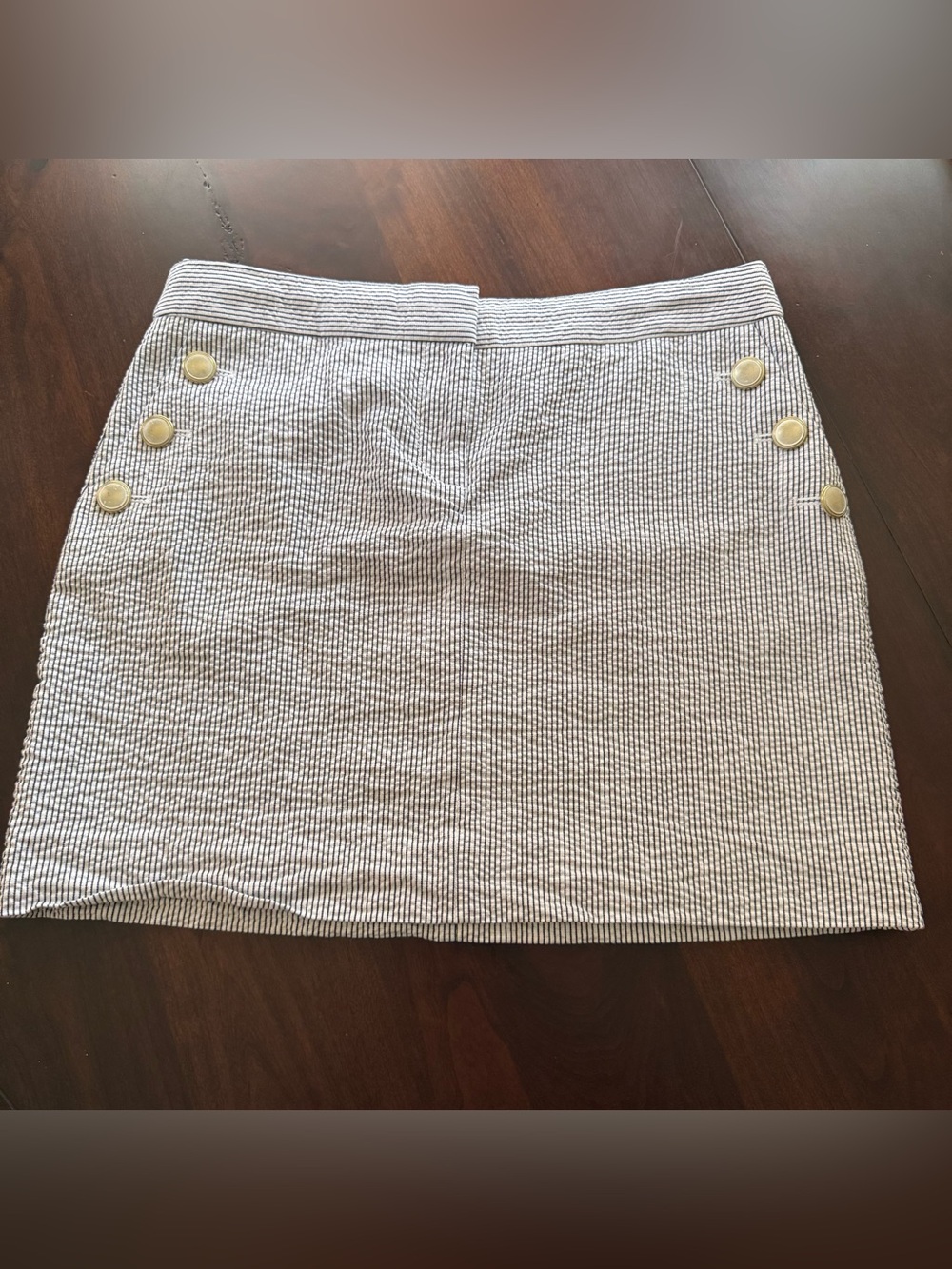 J. Crew White Seersucker Mini Skirt with Gold Buttons